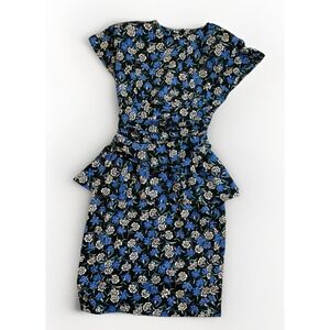 JSJ 1980s Dress‎ Peplum Shoulder Pads Floral Gathered Size 7/8 Feminine Office